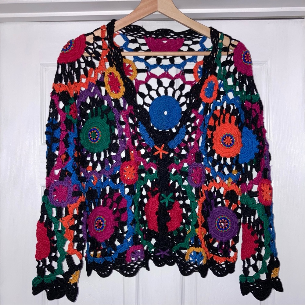 Handmade Crocheted Cardigan Beaded Multicolor S/M